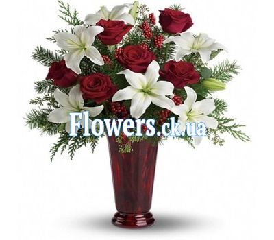 Новогодний букет цветов из роз и лилий №920
